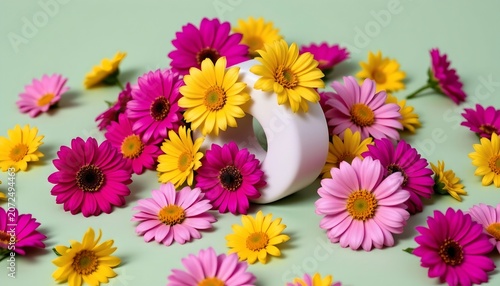 Vibrant Daisy Arrangement with Minimalist White Sculpture