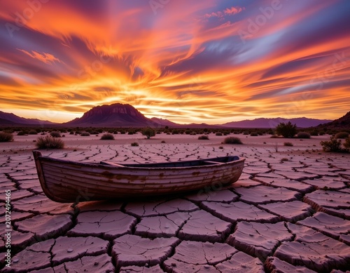 Vintage Wooden Boat Desert Sunset Scene