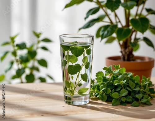 Refreshing Water with Fresh Herbs Wooden Surface