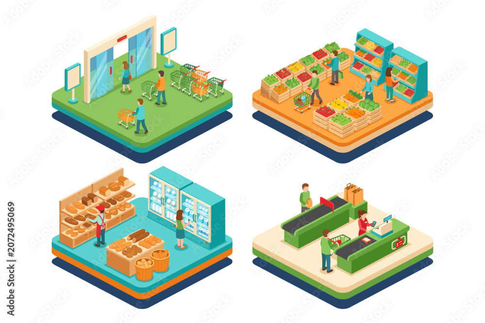 Fototapeta premium Isometric Supermarket Shopping Experience Customers Navigating Grocery Store Aisles and Checkout Process