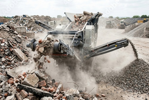 Mobile stone crushing plant producing recycled aggregate under blue sky