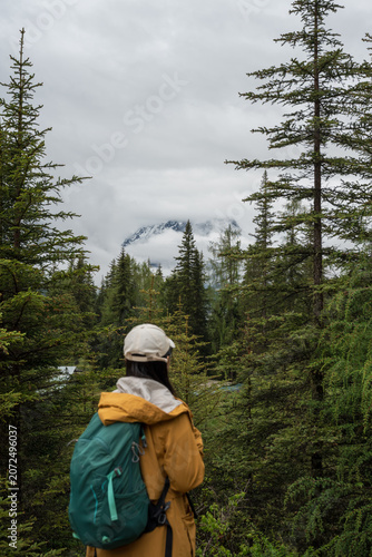 The silhouette of a hiker in the woods, gazing at the mist-shrouded snow-capped mountains while carrying a backpack