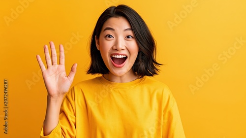 Portrait of a young Asian woman raising her hands while wearing a yellow t-shirt on a yellow background.