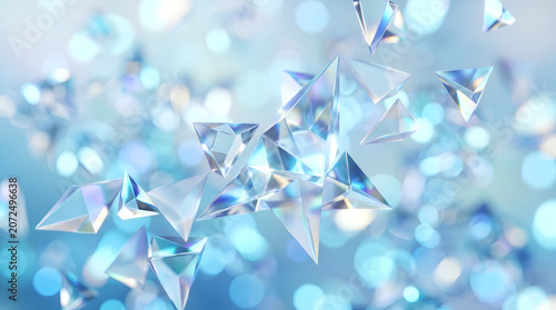Crystal sharp prisms reflecting light in a soft blue atmosphere, luxury, winter, aesthetic, quartz, sparkle