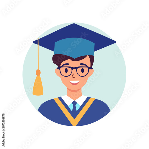 Graduate in cap and gown flat vector illustration