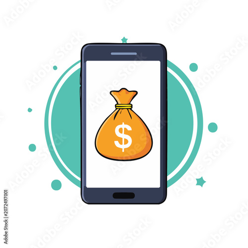 Smartphone with money bag icon, flat vector illustration