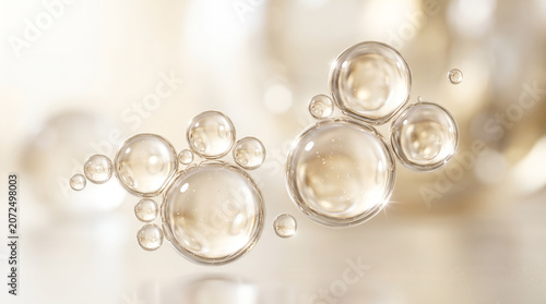 Serum Golden cosmetic oil droplets in liquid, bubbles, gold, skincare, luxury, beauty