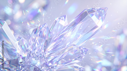 Crystal cluster with iridescent prism light effects, gemstone, lavender, ethereal, quartz, shining