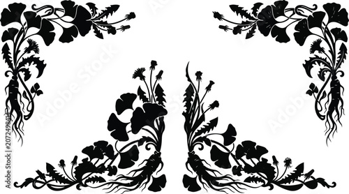 Obraz na plátně Decorative ginkgo biloba leaf and dandelion corner frame borders
