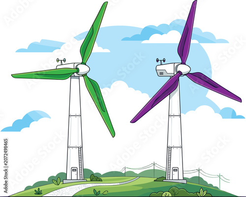 Fotografie Two modern wind turbines with green and purple blades generating renewable energ