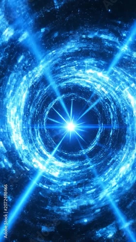 Bright blue light rays burst from a central glowing star