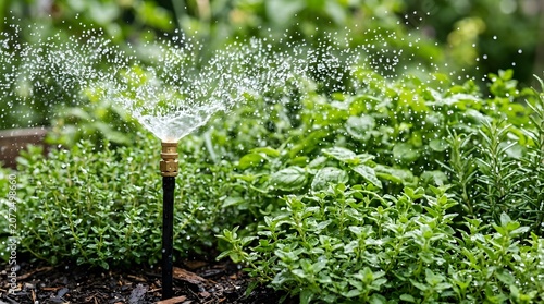 Watering a lush garden bed with a sprinkler head spraying water