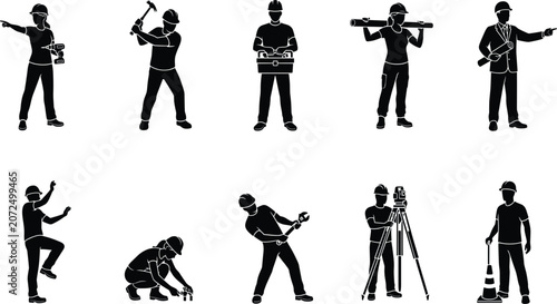 Construction workers and engineers silhouettes set featuring builders carpenters surveyors and architects with tools isolated on white background (19 words)