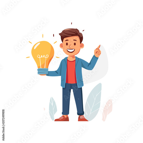 Man holding light bulb, flat vector illustration
