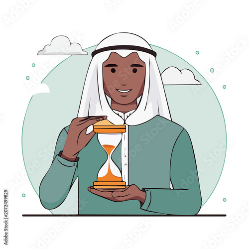 Man in traditional clothing holding an hourglass