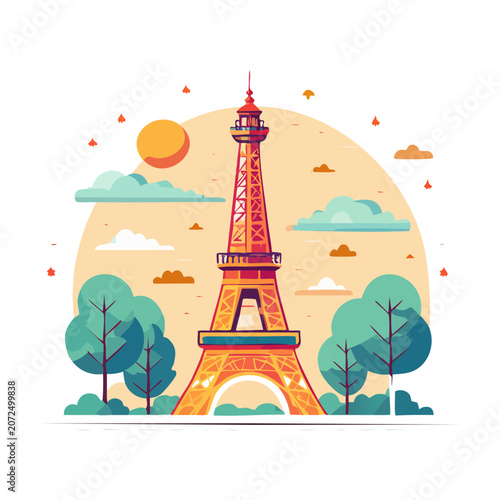 Flat illustration of Eiffel Tower with trees and sunset