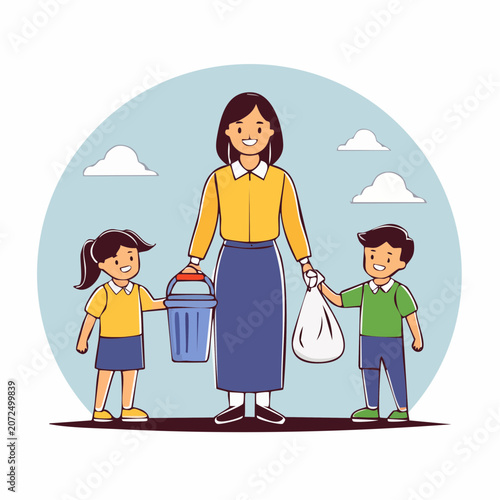 Mother and children cleaning together