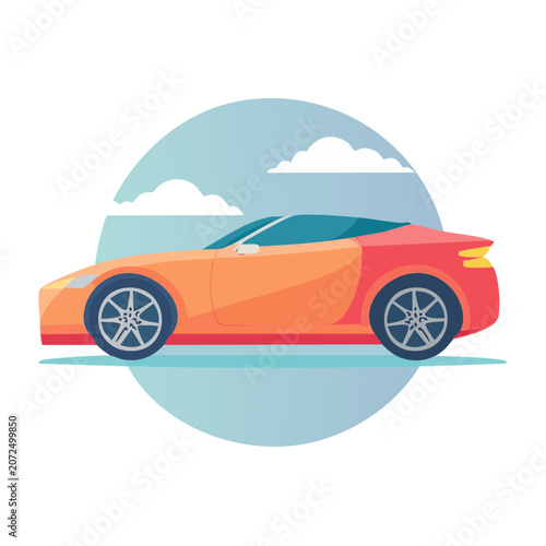 Orange sports car side view flat vector illustration