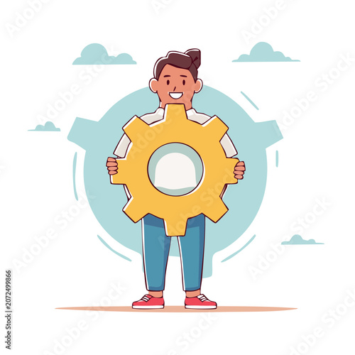 Person holding large yellow gear in flat illustration style