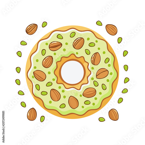 Pistachio and almond decorated donut vector illustration