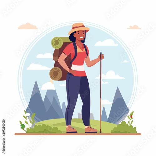 Woman hiker with backpack and trekking pole in mountains