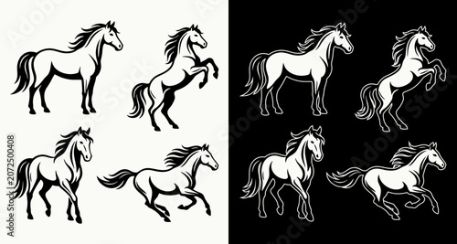 Majestic Horse Logo Template Set, Running and Rearing Stallion Mascot Emblems, Wild Mustang Vector Icons for Corporate Branding, Black and White Equine Line Art Illustrations