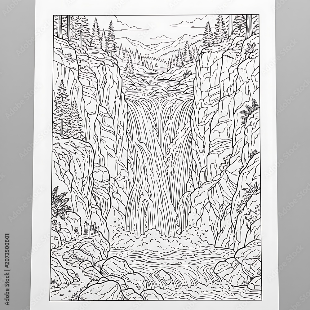 Obraz premium A detailed black and white line of a powerful waterfall flowing between steep rocky cliffs with pine trees and a hiking path