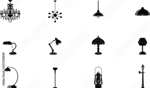 Photos Interior home lighting fixtures silhouettes icons set featuring chandelier penda