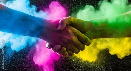 Hands shaking with colorful powder explosion