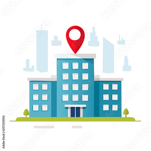 Flat vector illustration of building with location pin and city