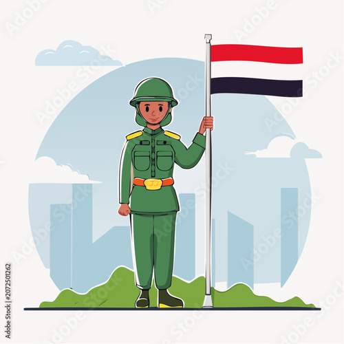 Soldier holding Yemen flag in flat design style