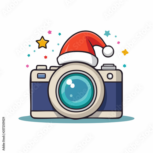 Cartoon camera wearing Santa hat with festive stars