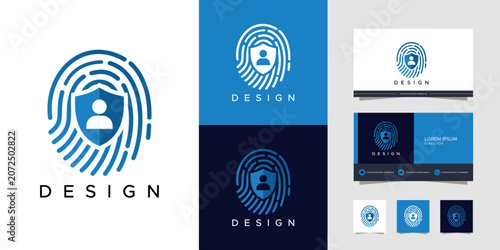 A professional logo design concept featuring a blue fingerprint icon with a shield and person symbol, presented on business cards and various color backgrounds, emphasizing digital security and identi