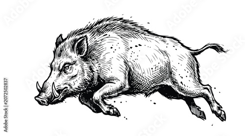 Tableau sur toile Vintage wild boar illustration, hand drawn woodcut style charging hog vector, bl