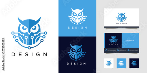 A blue owl head logo with integrated circuit board elements and the word 