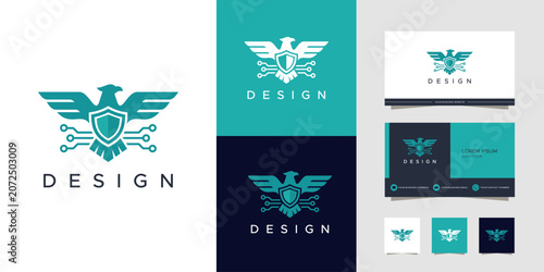 Eagle shield technology logo design concept with circuit board elements, presented in multiple color variations and on a business card layout.