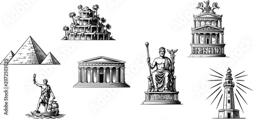 Slika na platnu Seven wonders of the ancient world engraving style icons set featuring pyramids