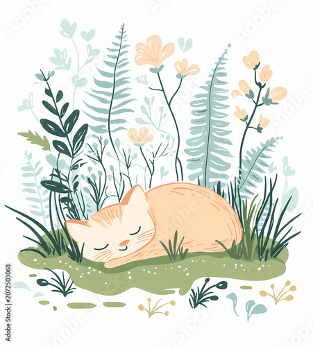 Cute Orange Cat Napping in a Flowery Meadow