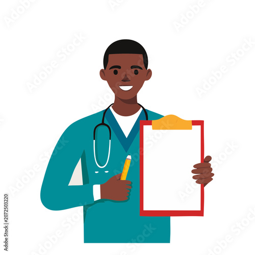 Male doctor holding clipboard and pen in flat vector style