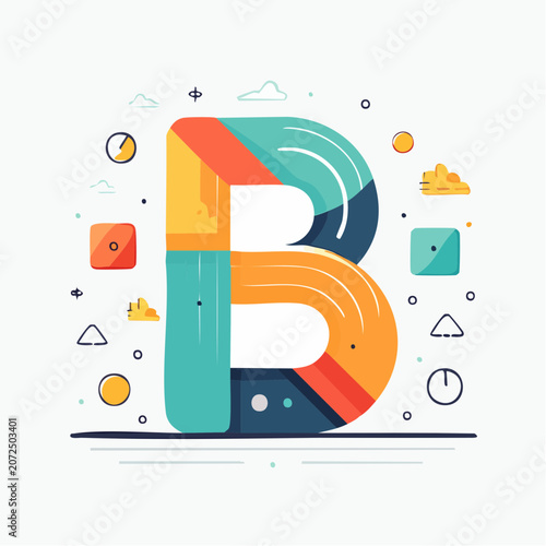 Stylized Letter B with Geometric Shapes and Clouds