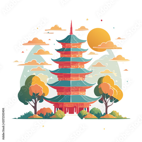Traditional East Asian Pagoda with Mountains and Trees