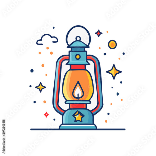 Vintage Oil Lamp with Flame and Stars Illustration