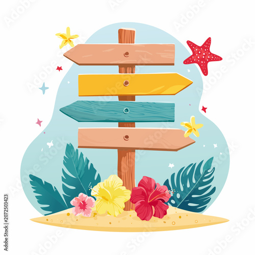 Tropical Beach Signpost with Flowers and Starfish