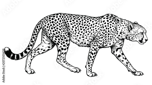 Photography Vintage cheetah illustration in hand drawn engraving style, wild leopard walking