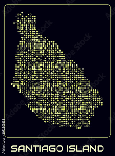 Santiago Island digital style map. Small circle dots on dark background. Dotted shape of the island. Vector map and title. Amazing vector illustration.