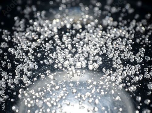 Close-up of sparkling granular crystals on a reflective surface