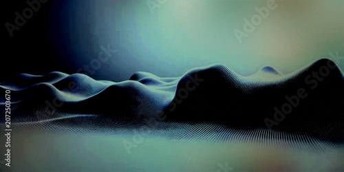 Valokuva Dark blue futuristic digital landscape with particle terrain and undulating wave surface representing modern data mesh technology