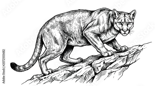 Canvastavla Vintage cougar mountain lion hand drawn vector, black and white wild cat engravi