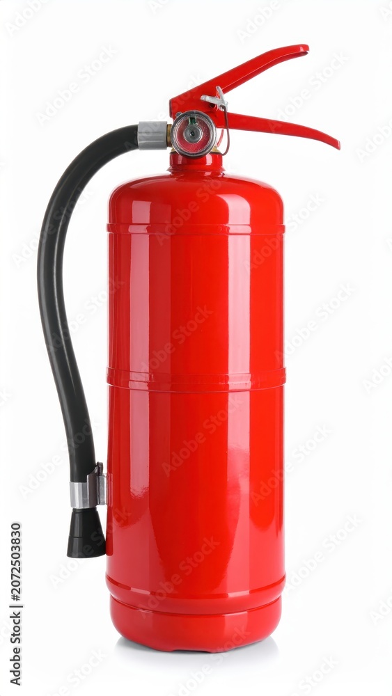 Fototapeta premium Bright Red Fire Extinguisher Isolated on White Background for Safety and Emergency Preparedness Concepts