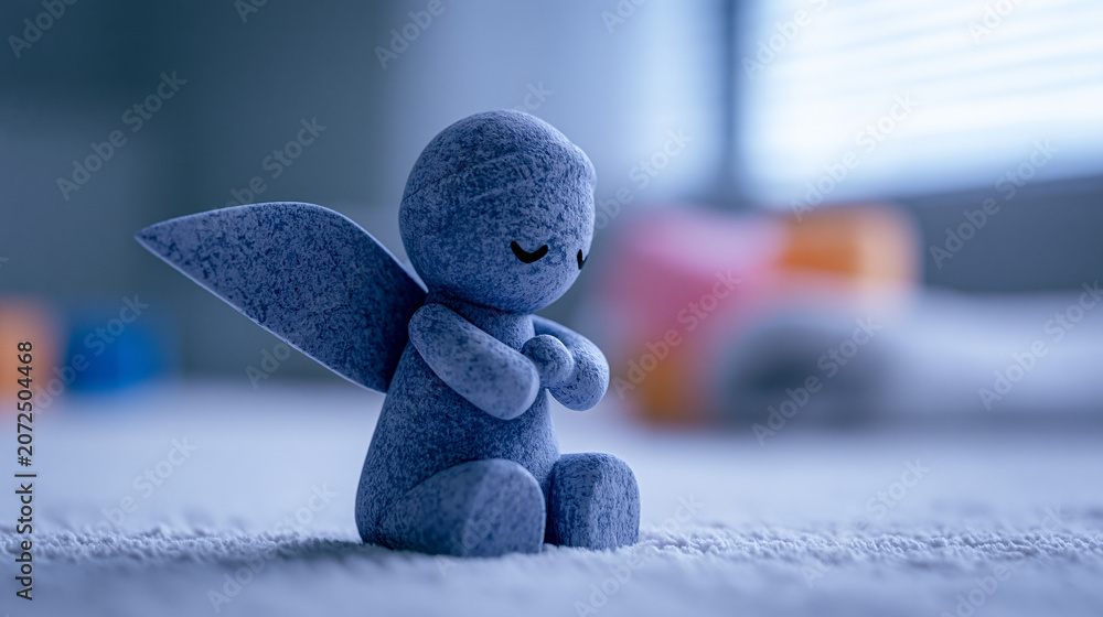 Obraz premium Small blue decorative angel figurine sitting in soft focus interior room background